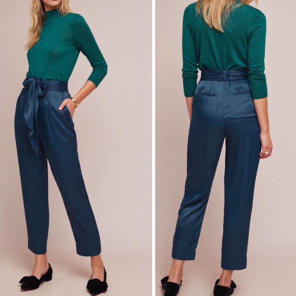 ANTHROPOLOGIE Blue Satin Tie Waist Trouser Pants
